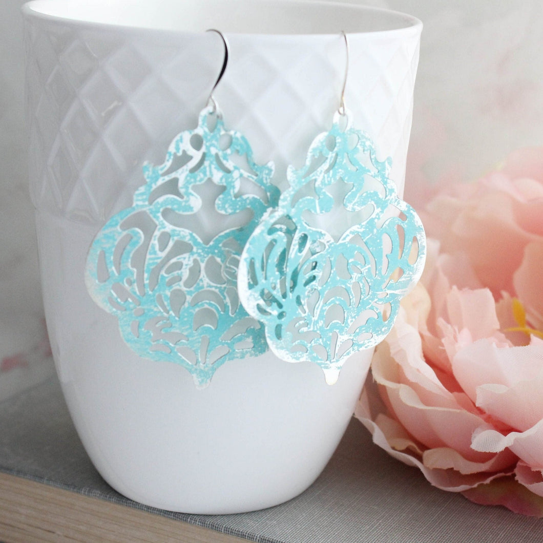 Aqua Mint Earrings | Big Damask Filigree Earrings