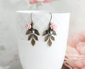 Pink rose and Black Grey Pearl Branch Earrings