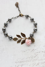 Load image into Gallery viewer, Pink Rose, Pine Cone and Branch Charm Bracelet with Dark Black Grey Pearls