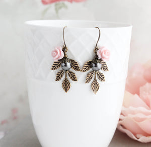 Pink Rose, Pine Cone and Branch Charm Bracelet with Dark Black Grey Pearls