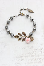 Load image into Gallery viewer, Pink Rose, Pine Cone and Branch Charm Bracelet with Dark Black Grey Pearls