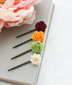 Rose Bobby Pins |Dark Maroon Red, Golden Yellow Rose, Cream Daisy
