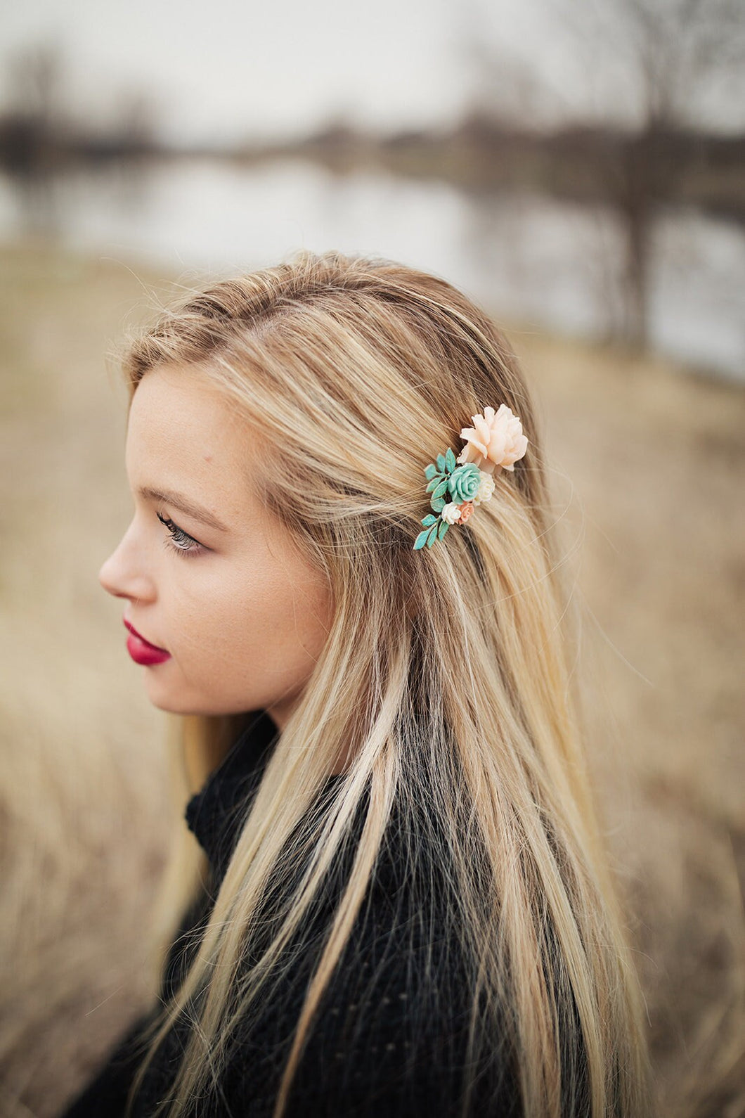 Pink and Mint Green Floral Hair Comb