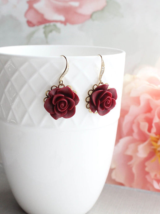 Deep Red Rose Earrings | Gold and Rhinestone Ear Wires