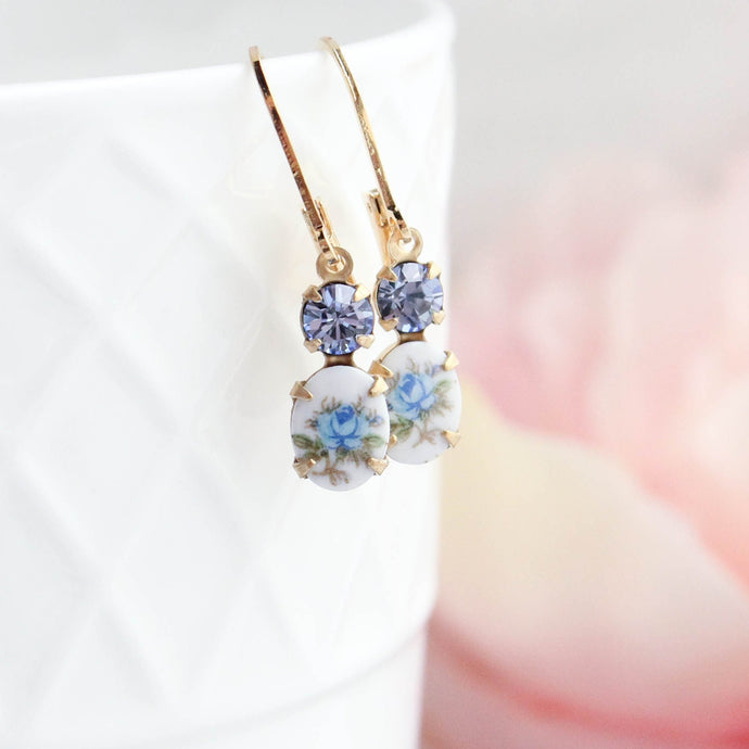 Tiny Blue Floral Cameo Earrings