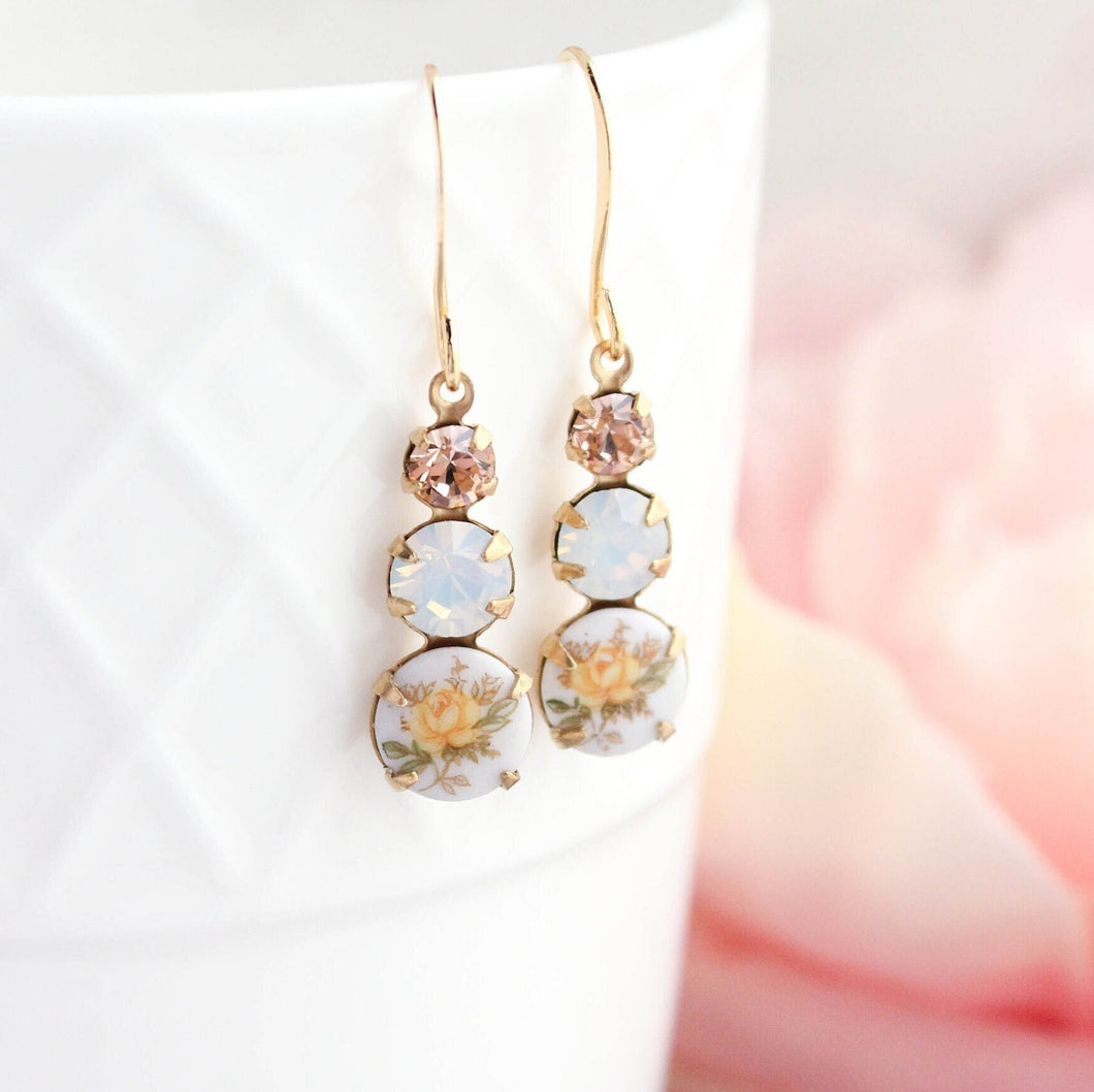 Yellow Rose Earrings | White Opal Glass |Vintage Style Cameo