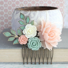 Load image into Gallery viewer, Pink and Mint Green Floral Hair Comb