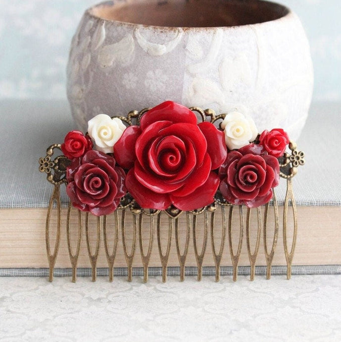 Dark Red Rose Hair Comb