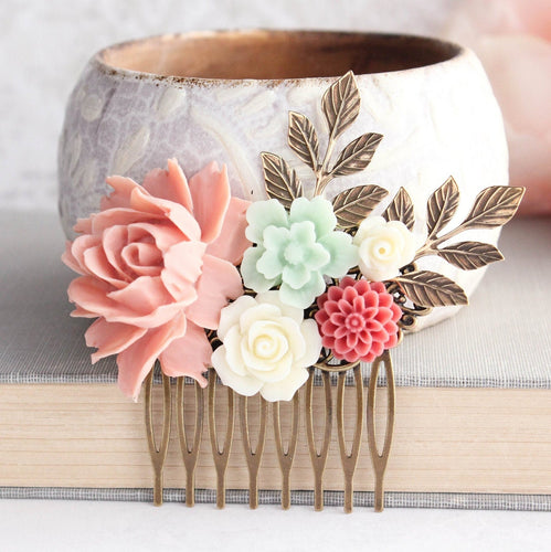 Floral Hair Piece | Brick Pink and Mint