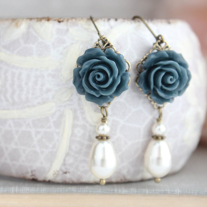 Navy Blue Rose Earrings | Pearl Drop