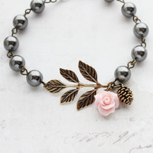 Load image into Gallery viewer, Pink Rose, Pine Cone and Branch Charm Bracelet with Dark Black Grey Pearls