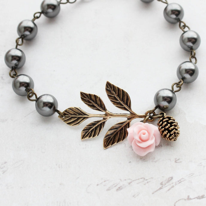 Pink Rose, Pine Cone and Branch Charm Bracelet with Dark Black Grey Pearls