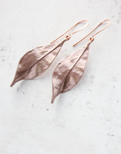 Long Curled Leaf Earrings | Rose Gold Patina