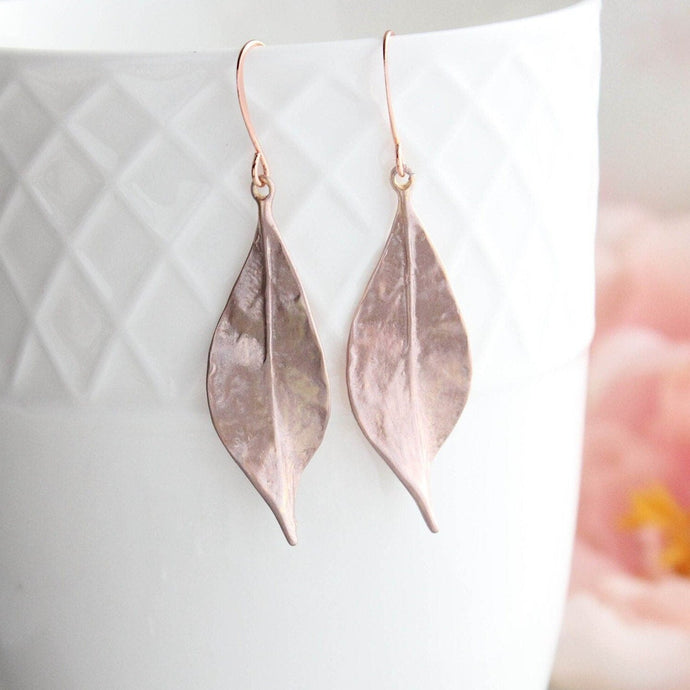 Long Curled Leaf Earrings | Rose Gold Patina