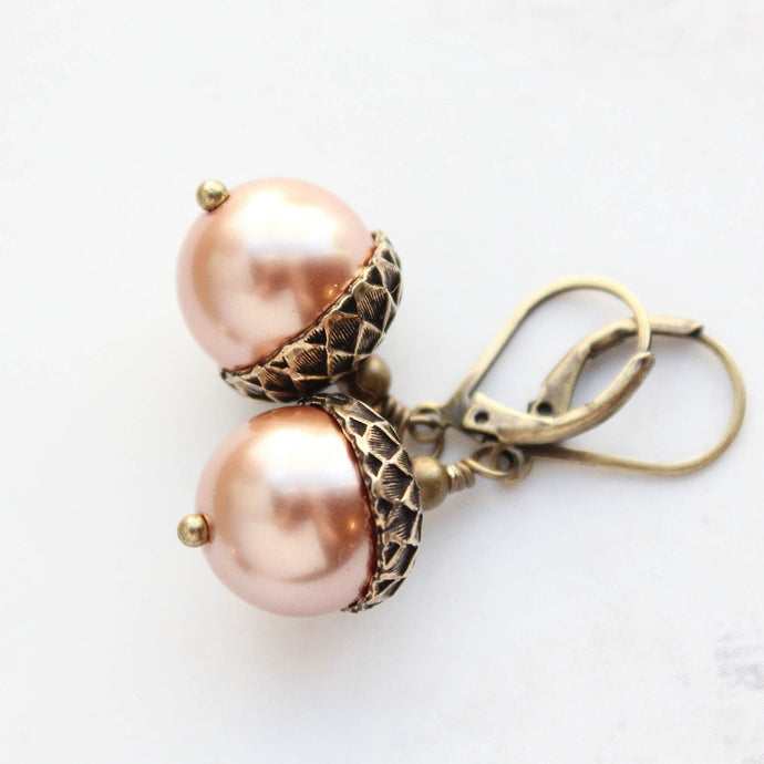 Rose Gold Pearl Acorn Earrings | Antiqued Gold Brass