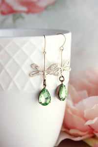 Dragonfly Earrings | Peridot Green Vintage Glass