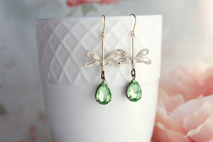 Dragonfly Earrings | Peridot Green Vintage Glass