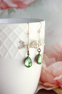 Dragonfly Earrings | Peridot Green Vintage Glass