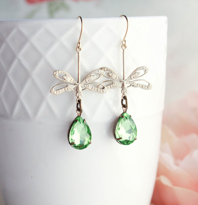 Dragonfly Earrings | Peridot Green Vintage Glass