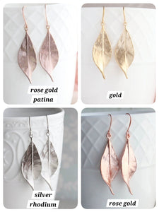 Long Curled Leaf Earrings | Rose Gold Patina