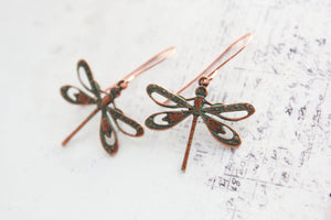 Dragonfly Earrings | Mint Patina Copper Earrings