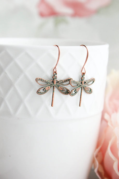 Dragonfly Earrings | Mint Patina Copper Earrings