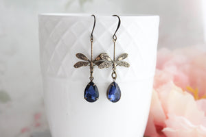 Dragonfly Earrings | Dark Navy Blue Teardrop