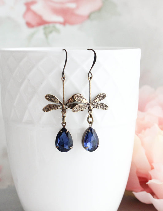 Dragonfly Earrings | Dark Navy Blue Teardrop