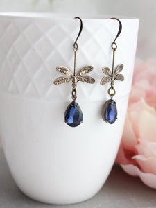 Dragonfly Earrings | Dark Navy Blue Teardrop