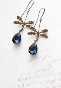 Dragonfly Earrings | Dark Navy Blue Teardrop