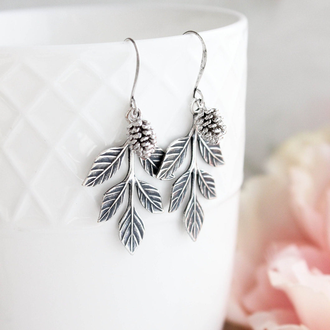 Silver Branch and Pine Cone Earrings