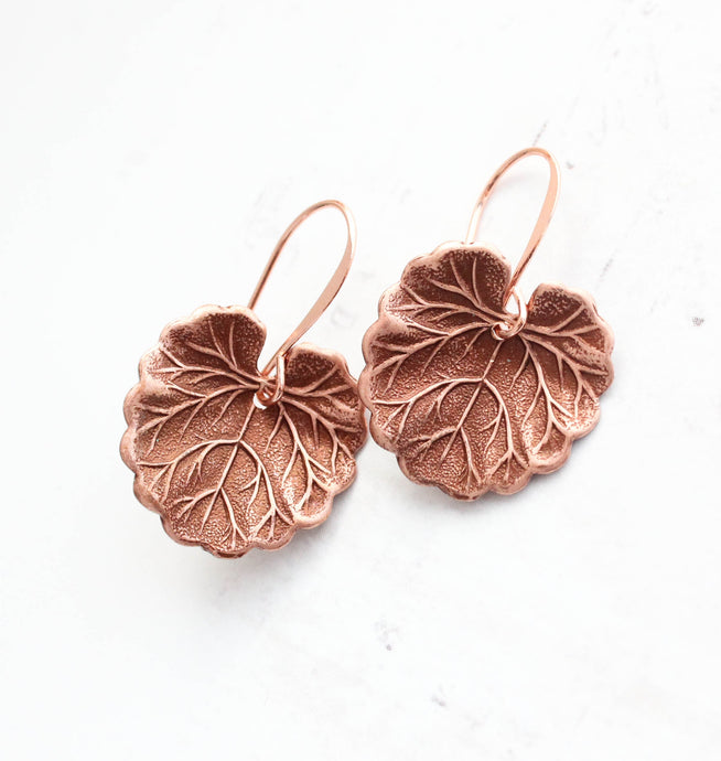 Copper Geranium Leaf Earrings | Antiqued Copper