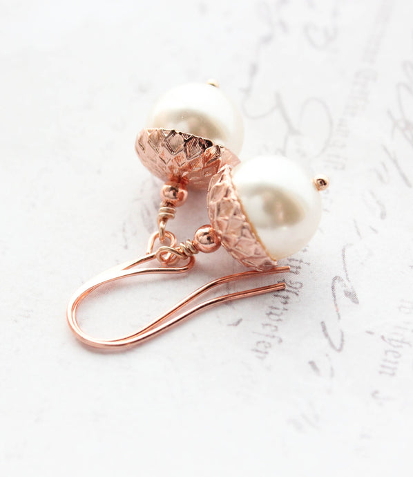 Rose Gold and Cream Pearl Acorn Earrings