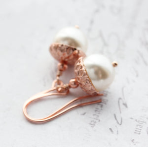 Rose Gold and Cream Pearl Acorn Earrings