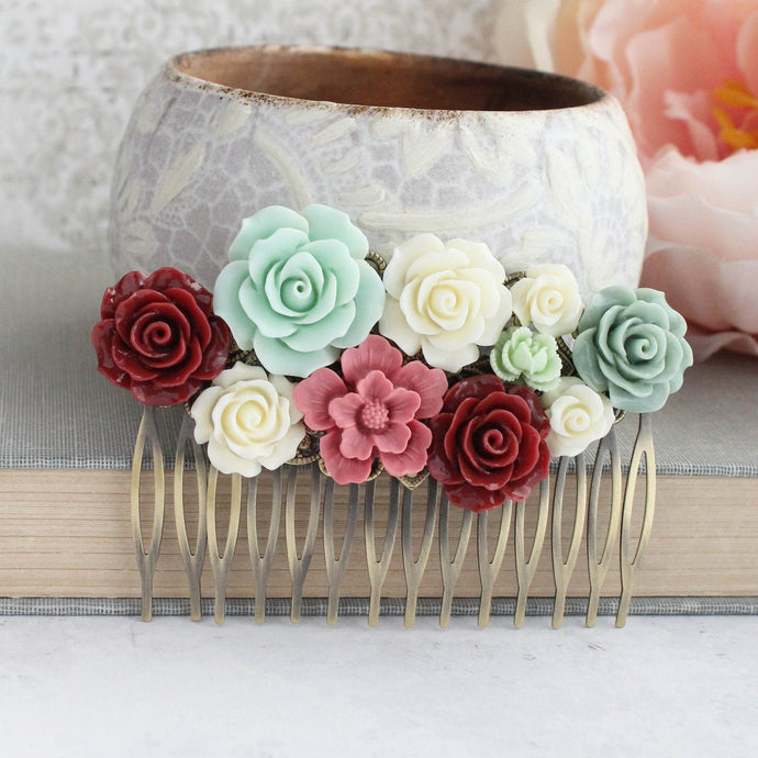 Floral Hair Comb | Deep Red and Mint Green