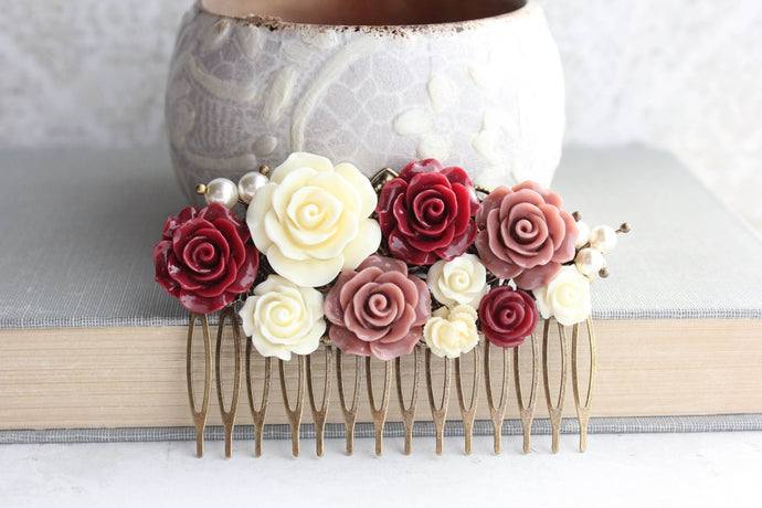 Floral Hair Comb | Dusty Rose and Deep Red Roses