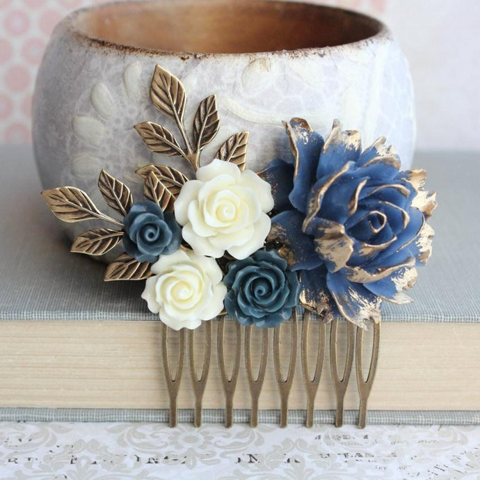 Floral Hair Piece | Navy and Gold