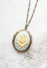 Load image into Gallery viewer, Large Rose Locket | Light Blue Rose Necklace