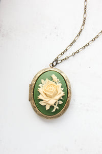 Green Rose Locket Necklace | Large Cameo Pendant