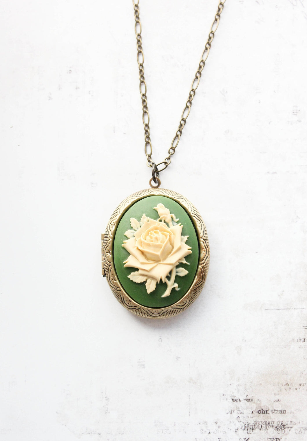 Green Rose Locket Necklace | Large Cameo Pendant