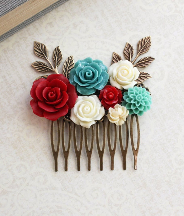 Floral Bridal Comb | Teal and Red Rose