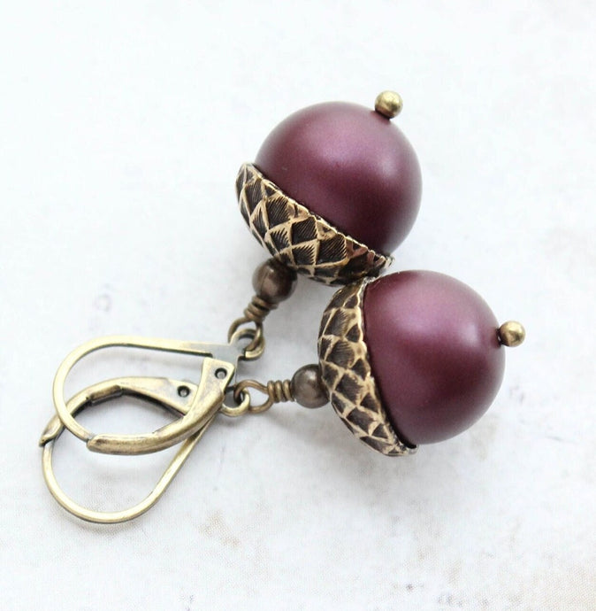 Pearl Acorn Earrings | Matte Blackberry