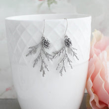 Load image into Gallery viewer, Silver Cedar Branch Earrings with Silver Pine Cone