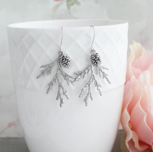 Silver Cedar Branch Earrings with Silver Pine Cone