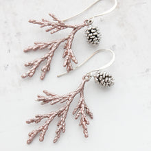 Load image into Gallery viewer, Silver Cedar Branch Earrings with Silver Pine Cone