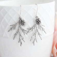 Load image into Gallery viewer, Silver Cedar Branch Earrings with Silver Pine Cone