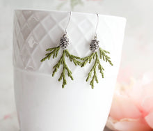 Load image into Gallery viewer, Green Cedar Branch Earrings with Silver Pine Cone