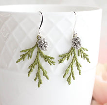 Load image into Gallery viewer, Green Cedar Branch Earrings with Silver Pine Cone