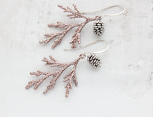 Load image into Gallery viewer, Silver Cedar Branch Earrings with Silver Pine Cone