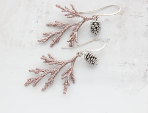 Silver Cedar Branch Earrings with Silver Pine Cone